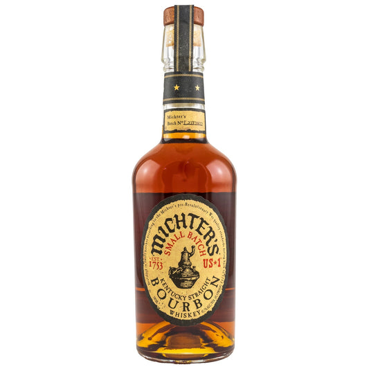 Schwarzbach Spirits Michter's Small Batch Kentucky Straight Bourbon Whiskey, 45,7% Vol., 0.7L. Amber liquid in a clear glass bottle with a black and yellow label.