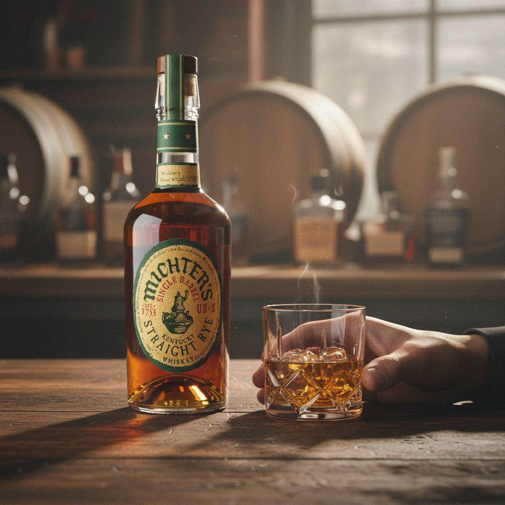 Schwarzbach Spirits Michter's Kentucky Straight Rye Whiskey, 42.4% Vol., 0.7L. Amber liquid in a glass bottle with a green and yellow label.