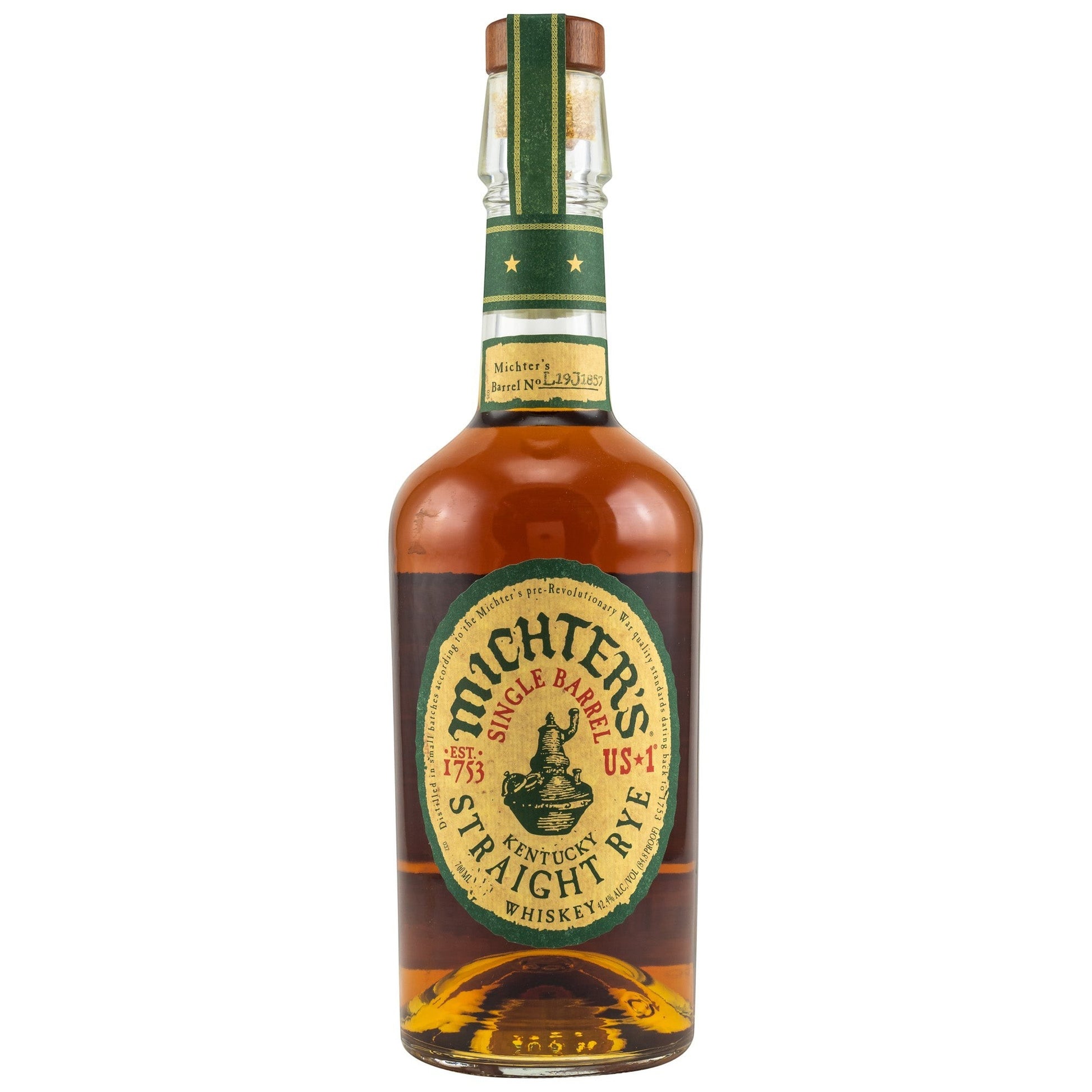Schwarzbach Spirits Michter's Kentucky Straight Rye Whiskey, 42.4% Vol., 0.7L. Amber liquid in a clear glass bottle with a green and yellow label.