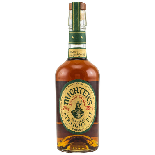 Schwarzbach Spirits Michter's Kentucky Straight Rye Whiskey, 42.4% Vol., 0.7L. Amber liquid in a clear glass bottle with a green and yellow label.