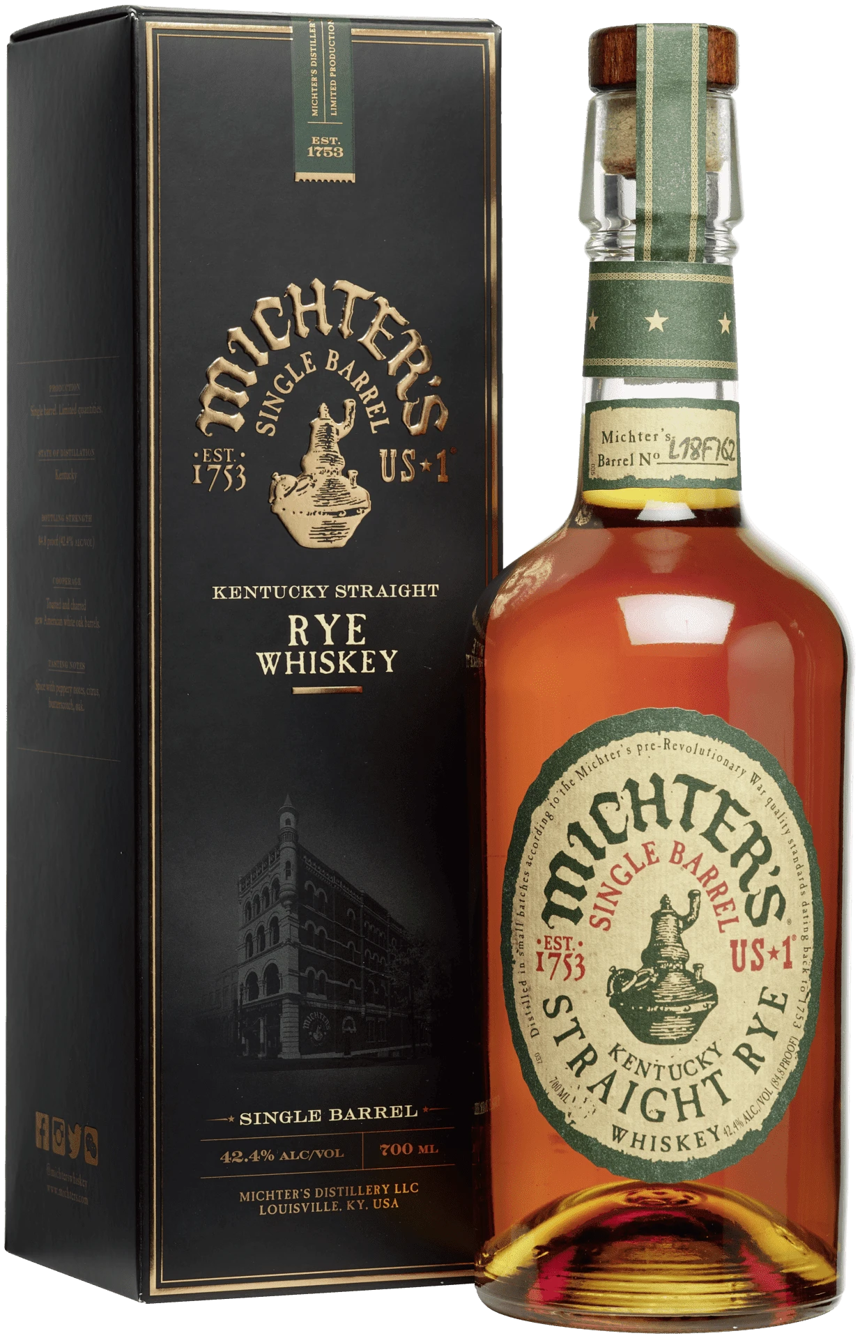 Schwarzbach Spirits: Michter's Single Barrel Kentucky Straight Rye Whiskey 42.4% Vol. 700ml mit schwarzer Geschenkbox