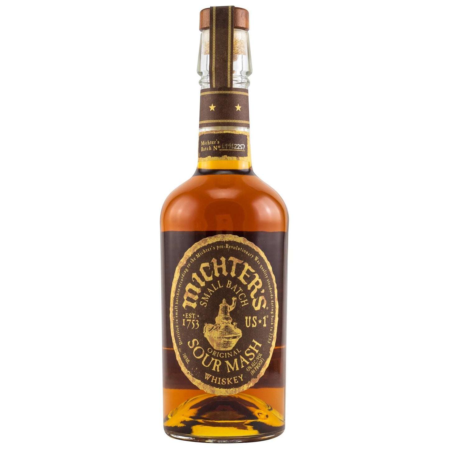 Schwarzbach Spirits Michter's Original Sour Mash Whiskey 700ml Flasche mit 43% Vol. Bernsteinbraune Flüssigkeit mit goldbraunem Etikett.