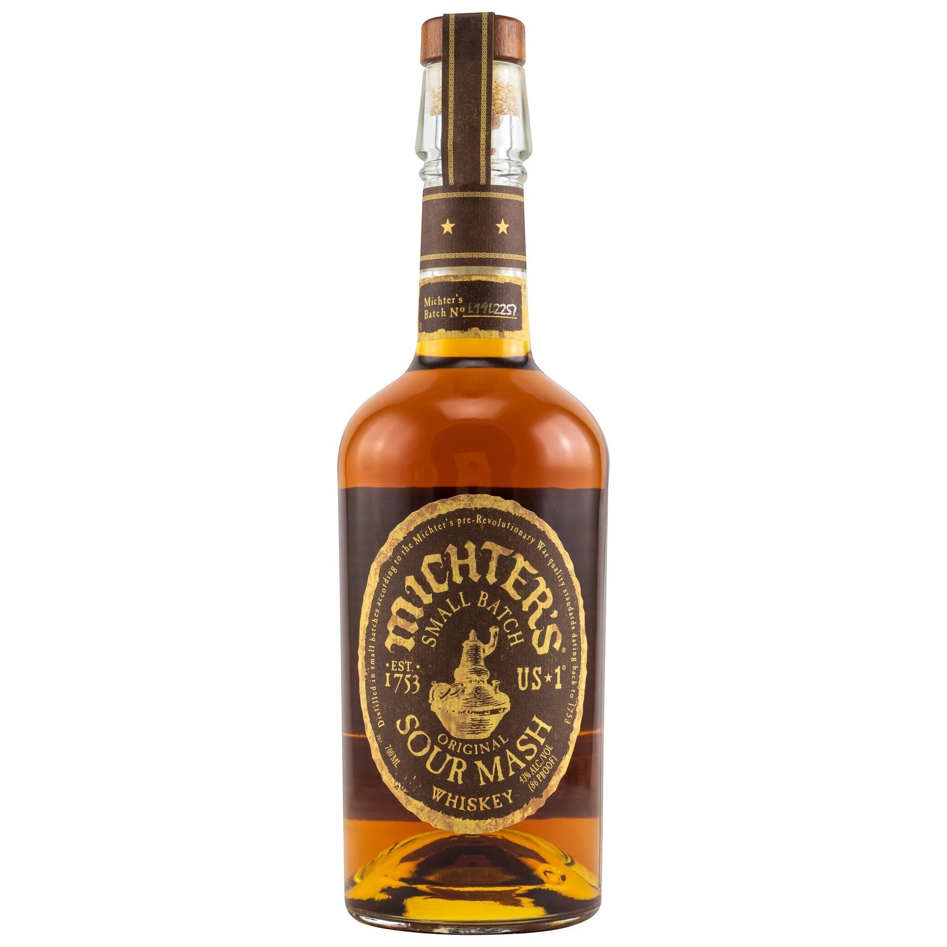 Schwarzbach Spirits Michter's Original Sour Mash Whiskey 700ml Flasche mit 43% Vol. Bernsteinbraune Flüssigkeit mit goldbraunem Etikett.