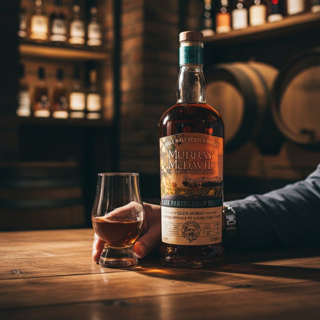 Schwarzbach Spirits: Murray McDavid Single Malt Scotch Whisky, 8 Jahre PX Sherry Cask Finish, 55,3% Vol. Bernsteinbrauner Whisky in Glasflasche.