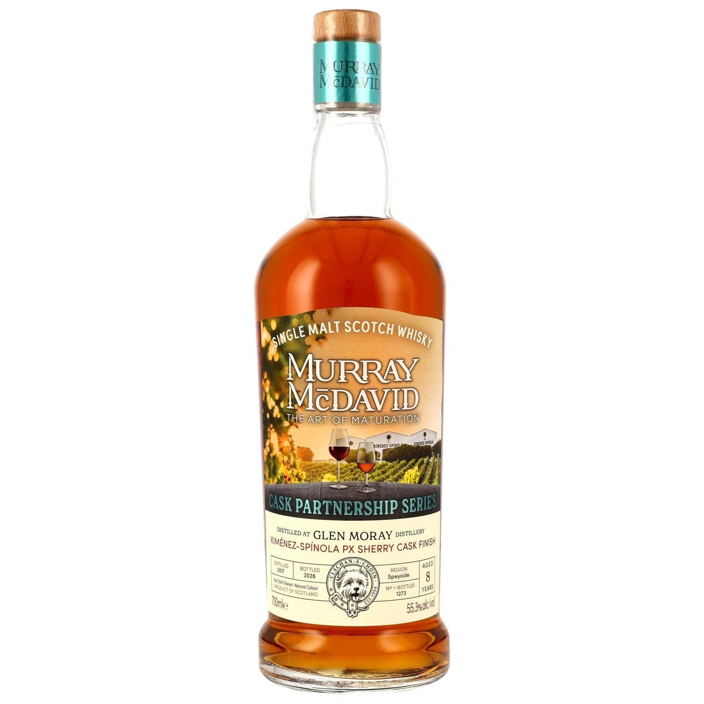 Schwarzbach Spirits: Murray McDavid Single Malt Scotch Whisky, 8 Jahre PX Sherry Cask Finish, 55,3% Vol. Bernstein-farbener Whisky in Glasflasche.