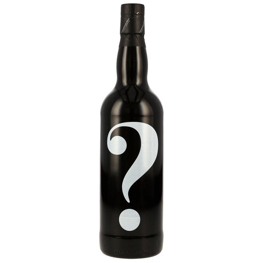 Schwarzbach Spirits Mystery Malt Series 6 Flasche mit schwarzem Etikett und großem weißen Fragezeichen