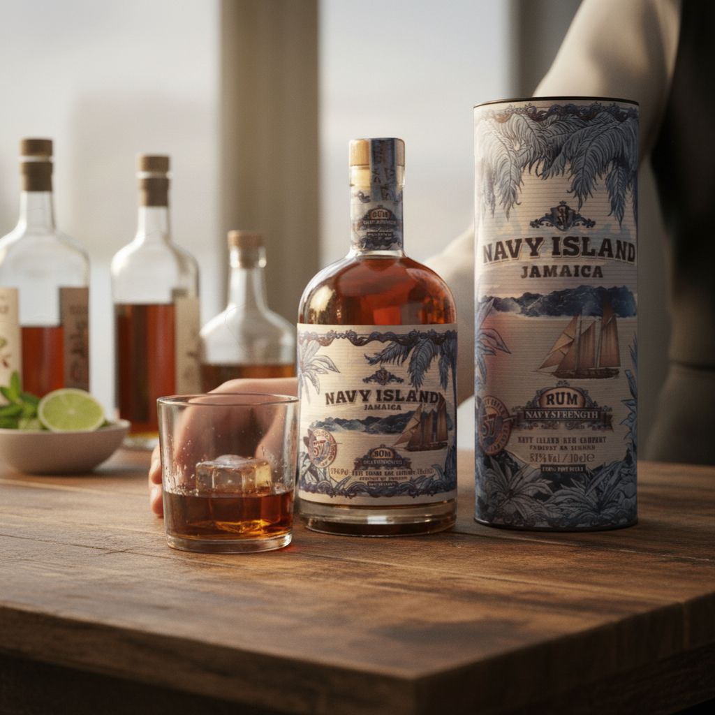 Schwarzbach Spirits Navy Island Navy Strength Jamaica Rum, 57% Vol., 70cl bottle and gift tube with tropical palm and sailing ship design.