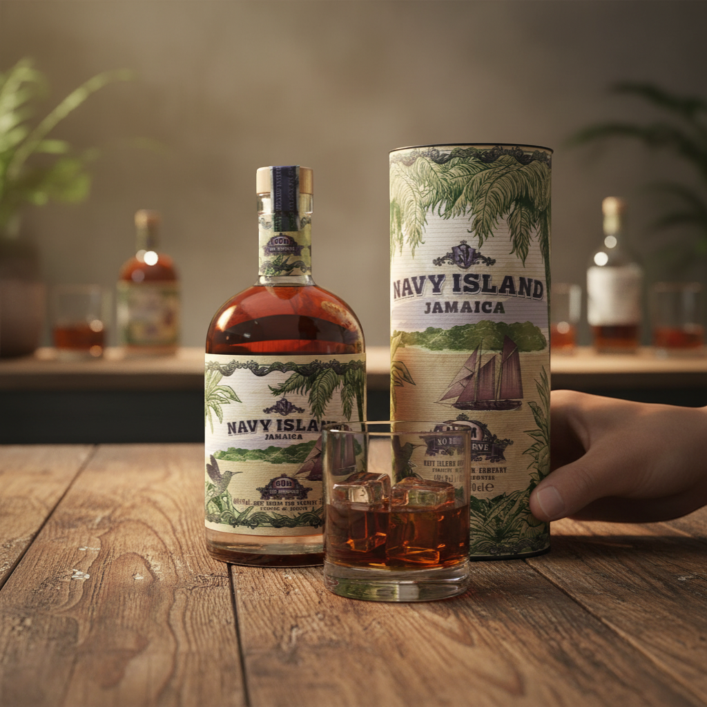 Schwarzbach Spirits Navy Island XO Reserve Jamaican Rum, a dark amber rum with a tropical design featuring palm trees and a sailboat.
