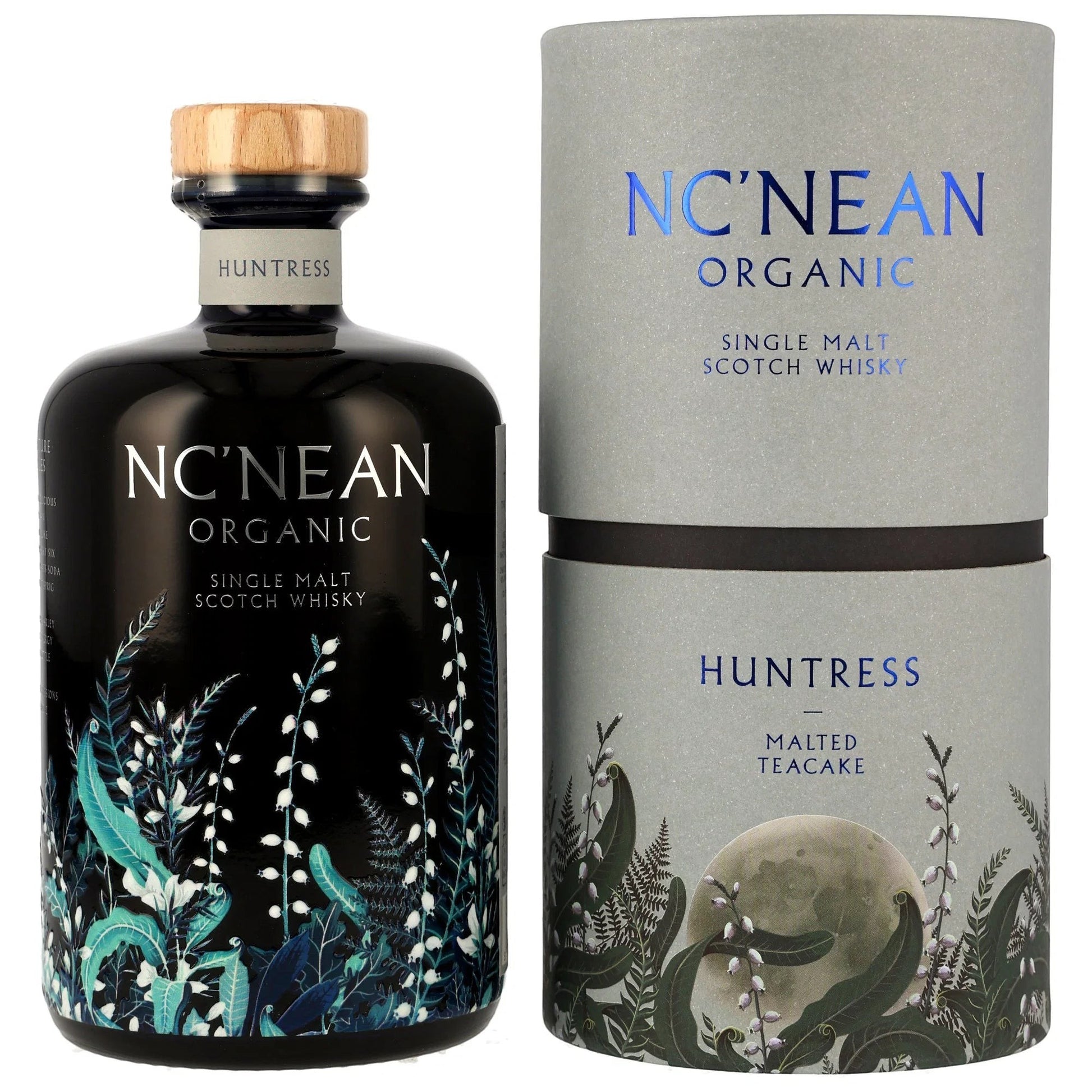 Schwarzbach Spirits NC'NEAN Huntress Malted Teacake Single Malt Scotch Whisky in black bottle with botanical design and grey tube packaging.