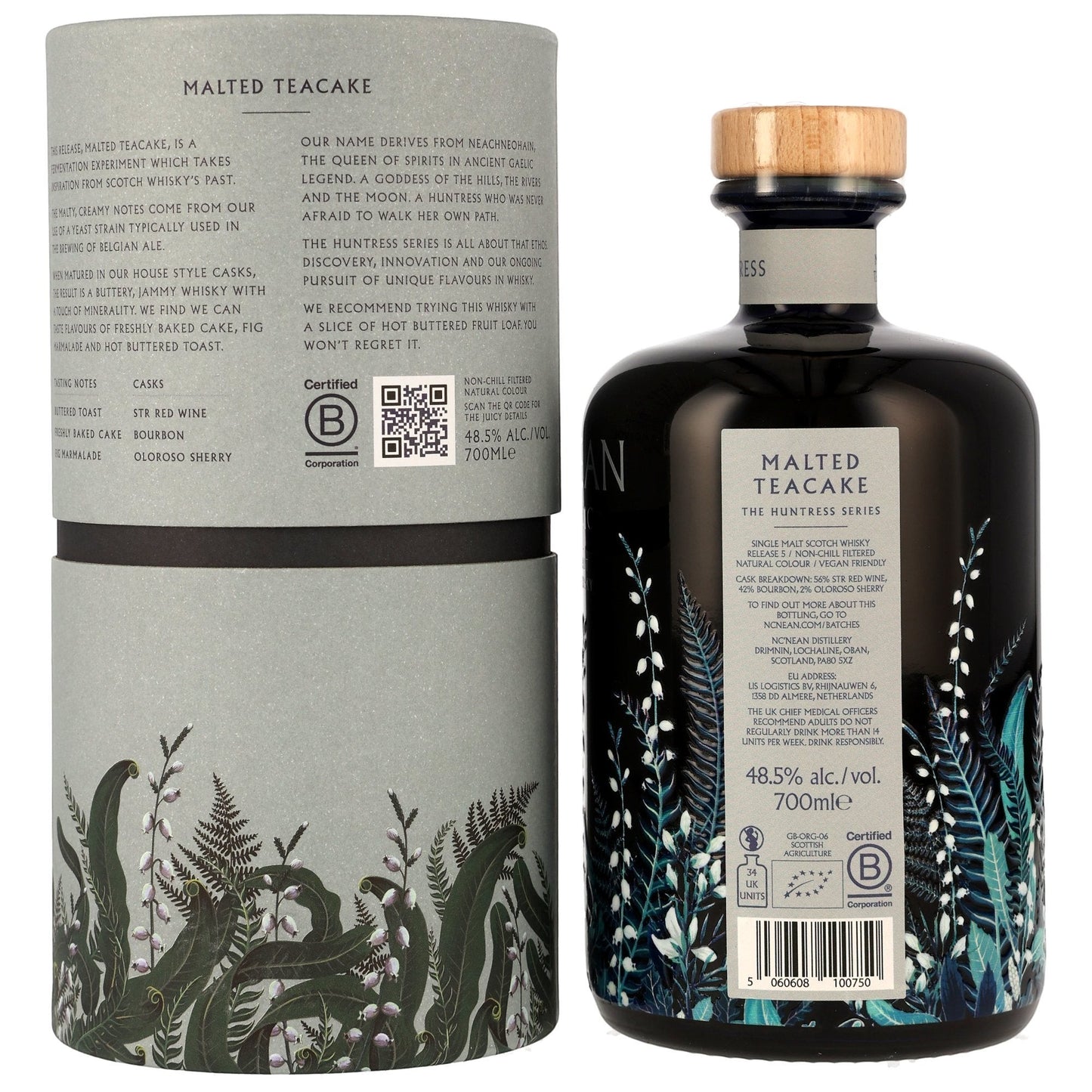 Schwarzbach Spirits NC'nean Huntress Malted Teacake Single Malt Whisky, 48.5% Vol. in a dark bottle with botanical illustrations.