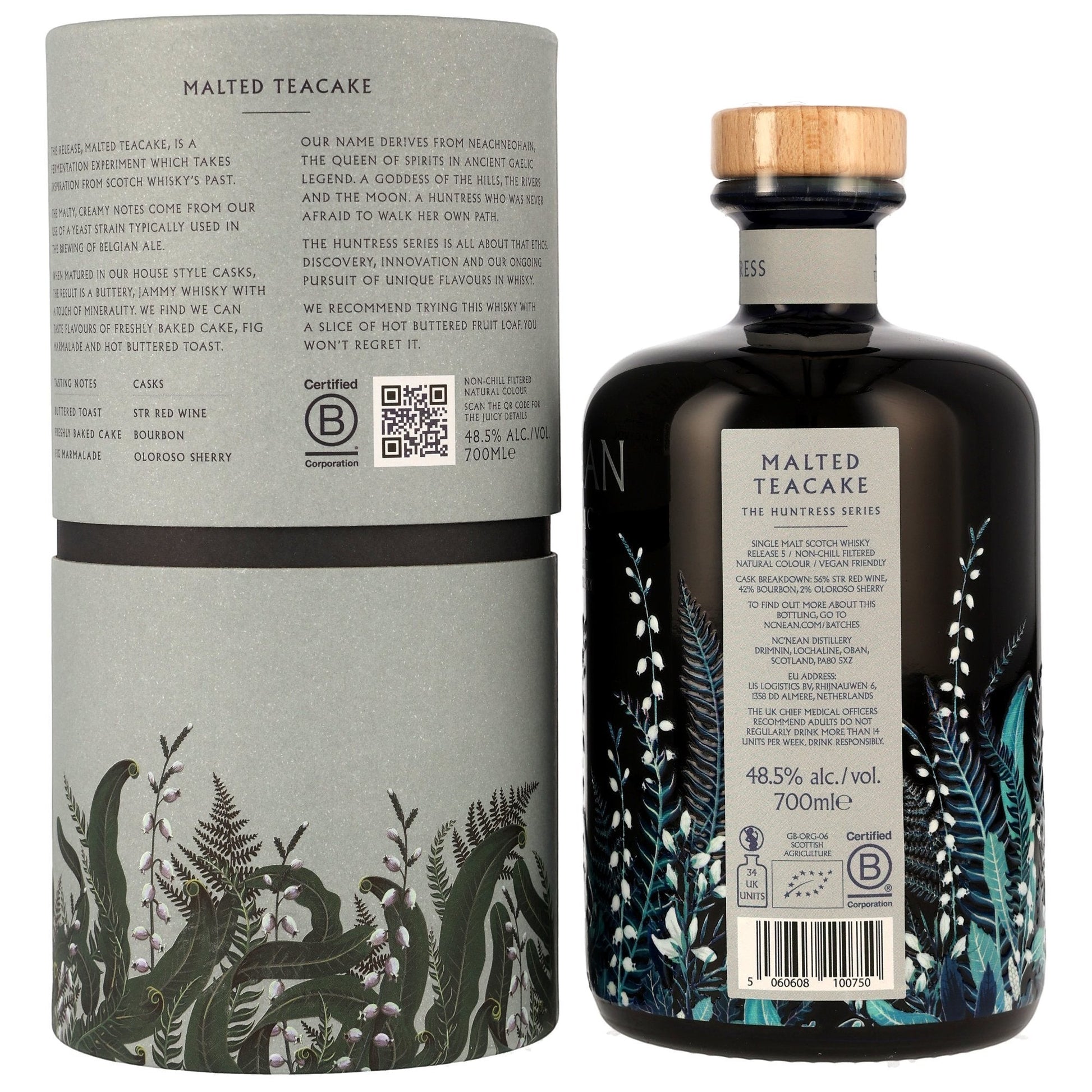 Schwarzbach Spirits NC'nean Huntress Malted Teacake Single Malt Whisky, 48.5% Vol. in a dark bottle with botanical illustrations.