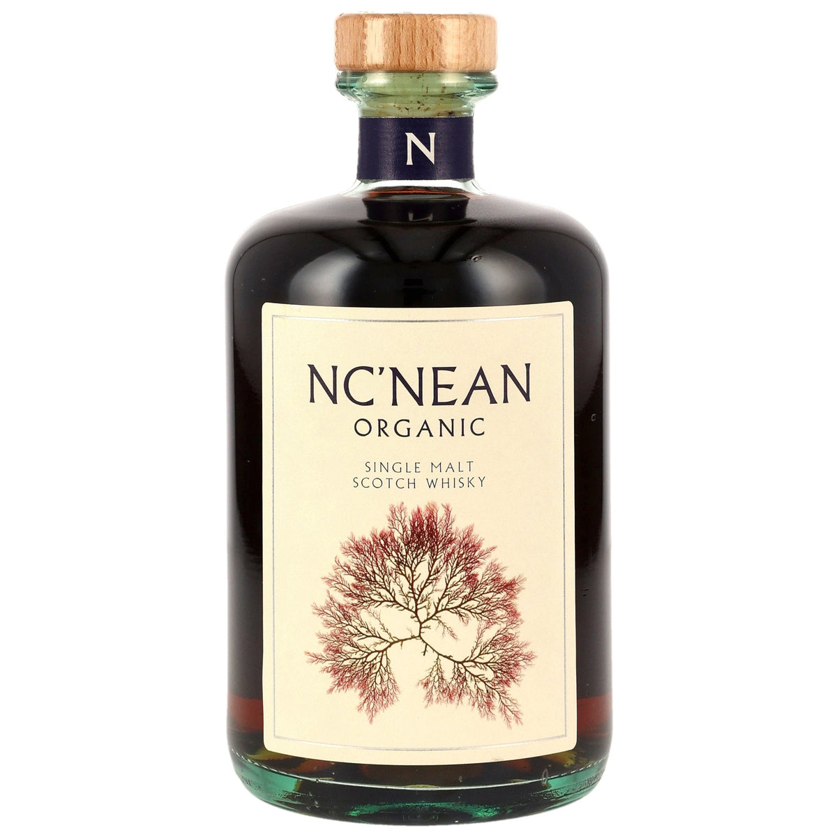 Schwarzbach Spirits Nc'nean 8 Jahre Single Malt Whisky in einer Glasflasche mit Holzkorken und botanischem Etikett
