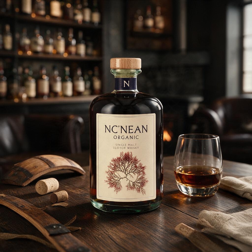 Schwarzbach Spirits Nc'nean 8 Jahre Single Malt Whisky in einer Flasche mit Oloroso Sherry Fass Finish auf Holztisch