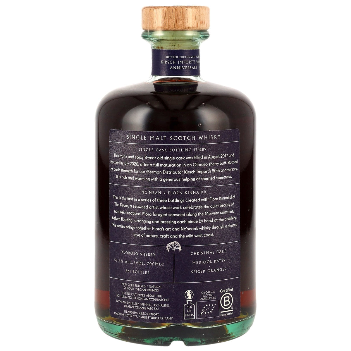 Schwarzbach Spirits Nc'nean 8 Jahre Single Malt Whisky Flaschenrückseite mit detailliertem Oloroso Sherry Etikett