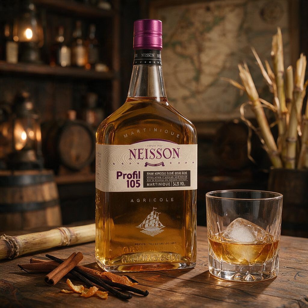 Schwarzbach Spirits Neisson Profil 105 Rhum Agricole Flasche mit Glas auf einem rustikalen Holztisch mit Zuckerrohr