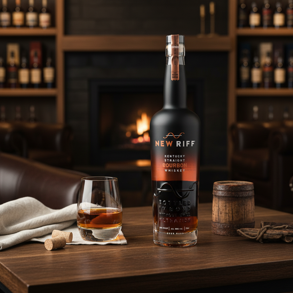 Schwarzbach Spirits New Riff Kentucky Straight Bourbon Whiskey Flasche mit Glas vor einem Kamin