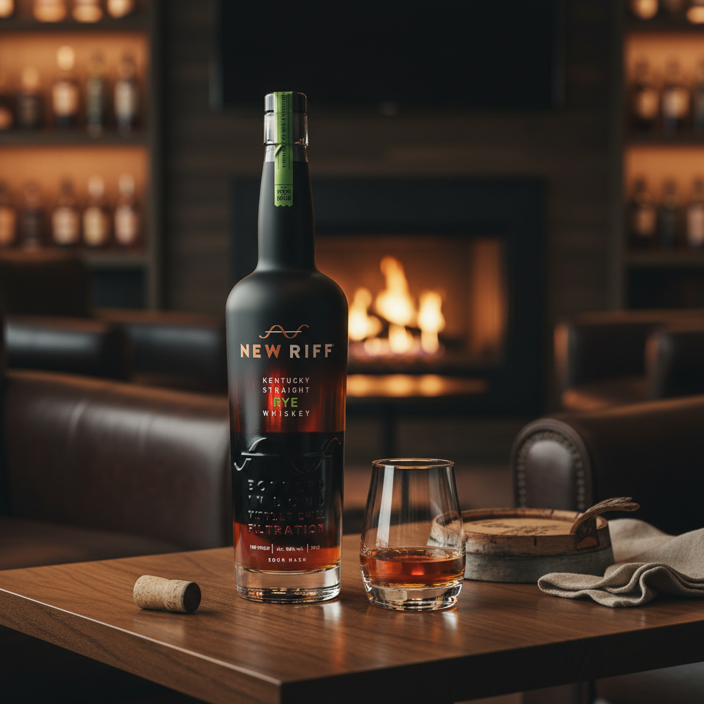 Schwarzbach Spirits New Riff Kentucky Straight Rye Whiskey Flasche mit Glas vor einem Kamin in einer Bar