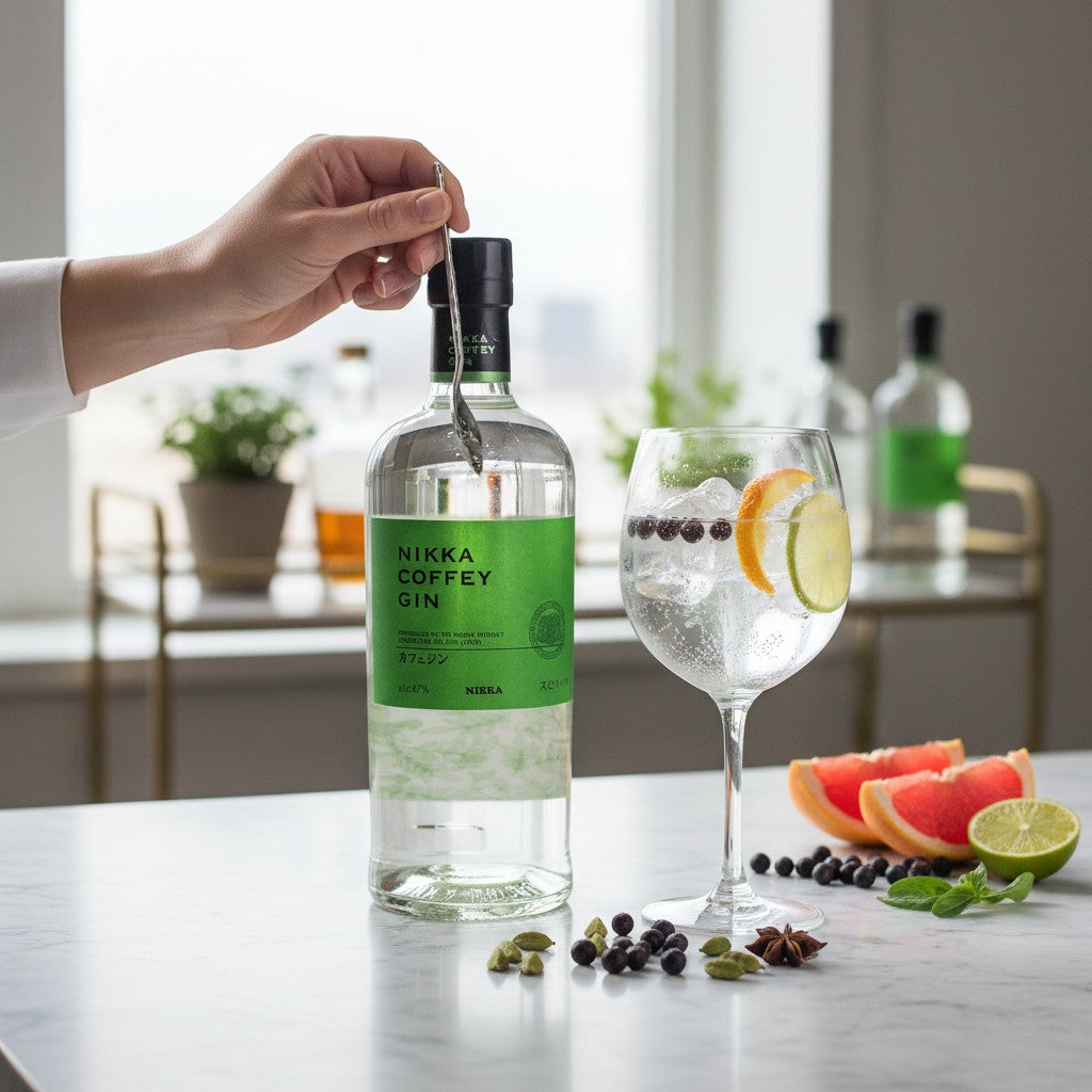Schwarzbach Spirits Nikka Coffey Gin, 47% Vol., 0.7L. Clear gin with green label featuring botanical illustrations and Japanese text. Comes with a matching green and cream box.