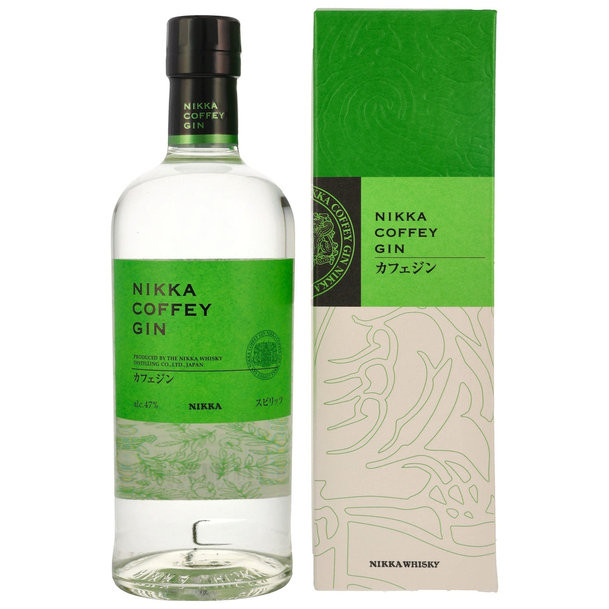 Schwarzbach Spirits Nikka Coffey Gin, 47% Vol., 0.7L, klare Spirituose mit grünem Etikett und floralem Muster, japanischer Gin mit Zitrus-, Apfel- und Pfeffernote.