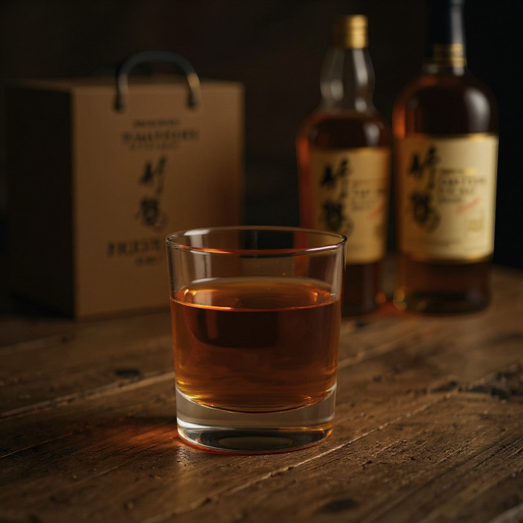 Schwarzbach Spirits Nikka Taketsuru Pure Malt Japanese whisky in a glass, with bottles and gift bag in background.