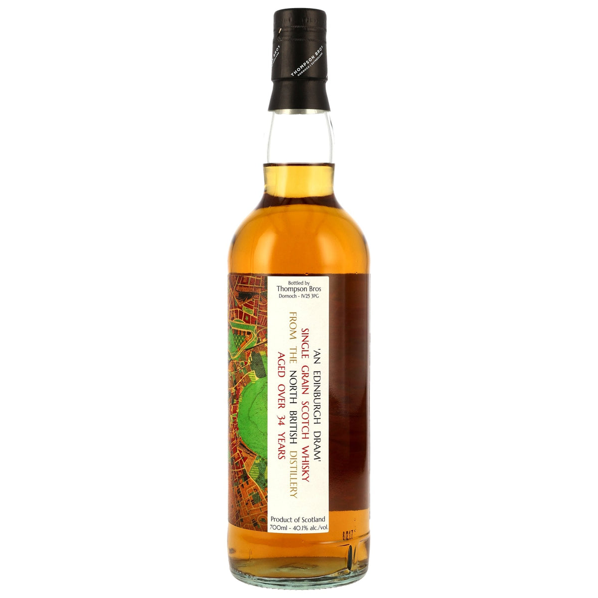 Schwarzbach Spirits North British 34 Jahre Single Grain Whisky Flasche mit Edinburgh Kartenetikett auf weißem Grund