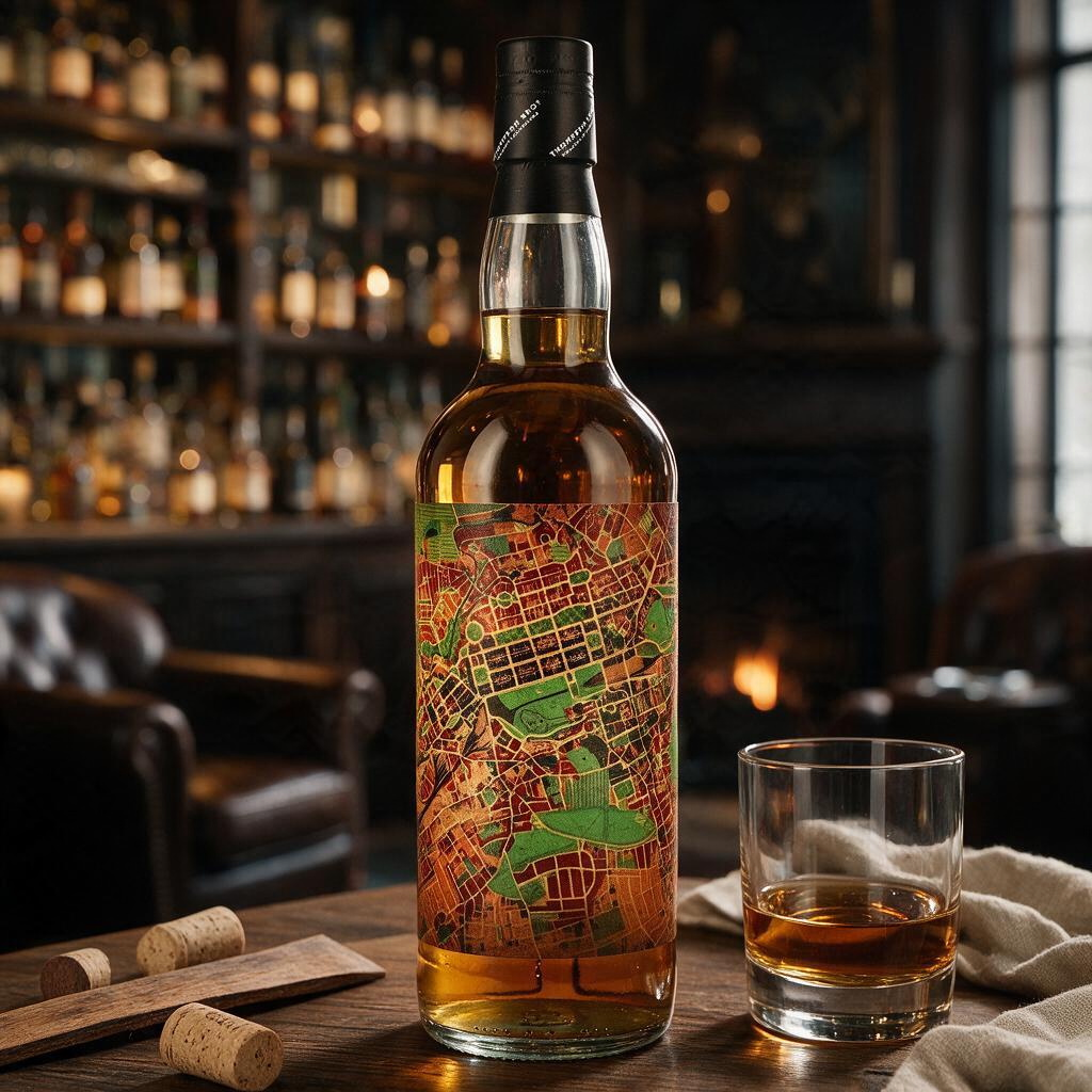 Schwarzbach Spirits North British 34 Jahre Whisky Flasche mit Stadtplan-Etikett und Glas auf einem Holztisch