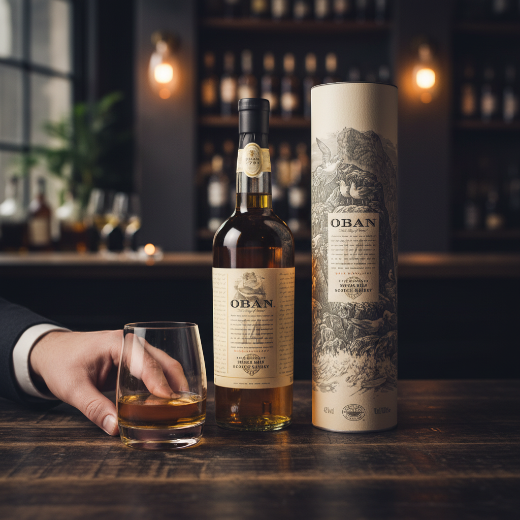 Schwarzbach Spirits Oban 14 Year Old Single Malt Scotch Whisky, 700ml bottle with 43% ABV, presented in a decorative tube.