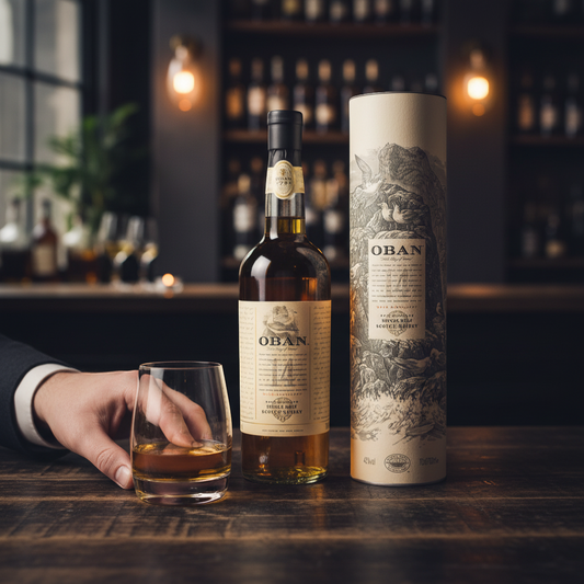 Schwarzbach Spirits Oban 14 Year Old Single Malt Scotch Whisky, 700ml bottle with 43% ABV, presented in a decorative tube.