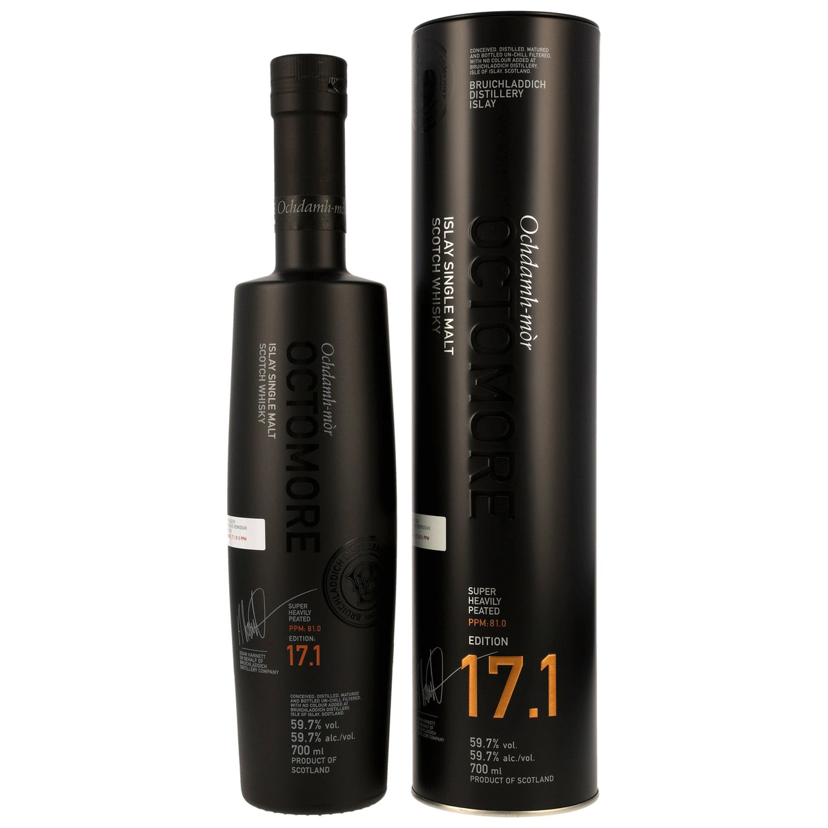 Schwarzbach Spirits Octomore 17.1 Islay Single Malt Whisky in schwarzer Flasche mit passender Metalldose