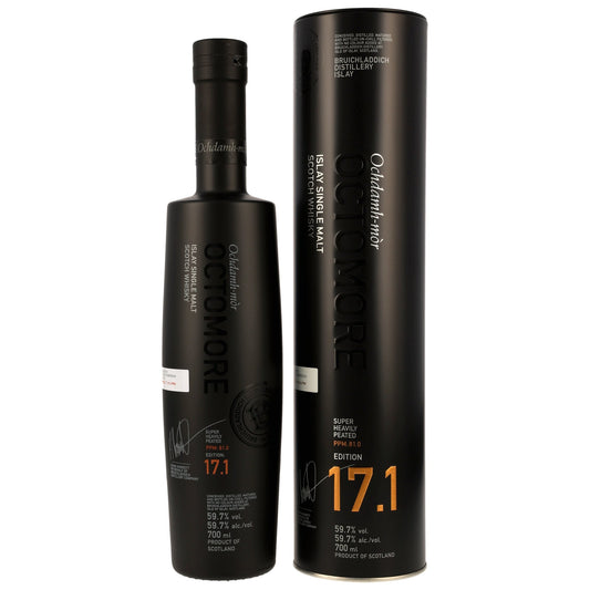 Schwarzbach Spirits Octomore 17.1 Islay Single Malt Whisky in schwarzer Flasche mit passender Metalldose