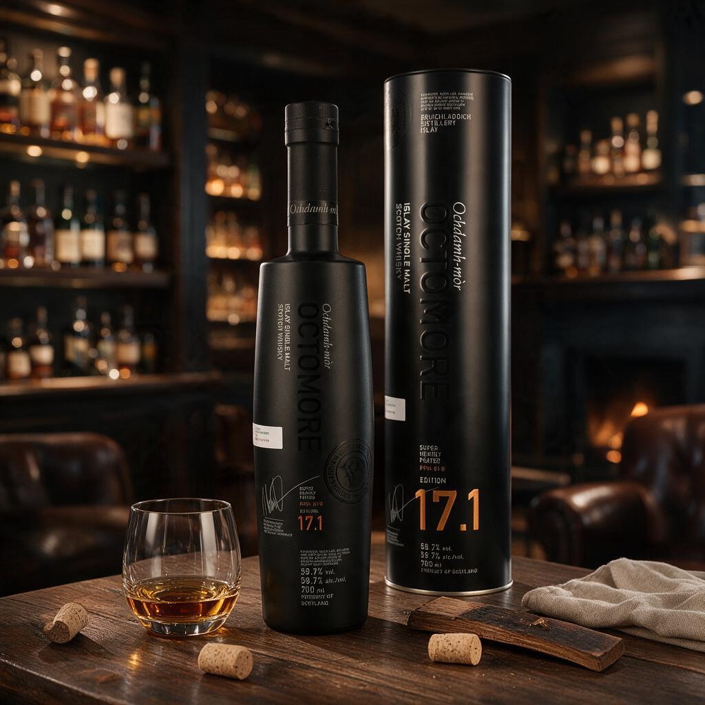 Schwarzbach Spirits Octomore 17.1 Islay Single Malt Whisky Flasche mit Metalldose und Glas auf einem Holztisch