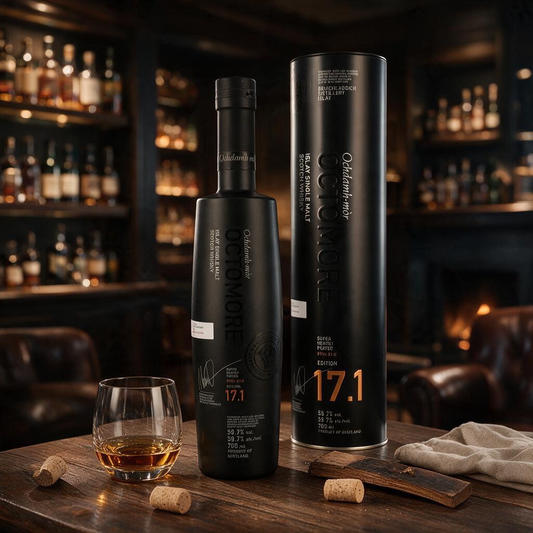 Schwarzbach Spirits Octomore 17.1 Islay Single Malt Whisky Flasche mit Metalldose und Glas auf einem Holztisch