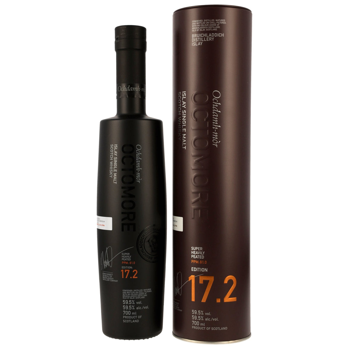 Schwarzbach Spirits Octomore 17.2 Islay Single Malt Whisky in schwarzer Flasche mit passender Metalldose