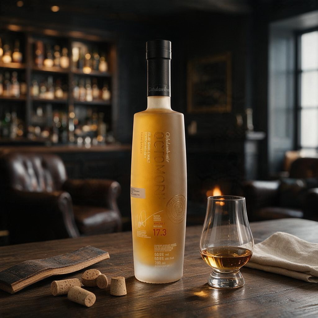Schwarzbach Spirits Octomore 17.3 Islay Single Malt Whisky in einer satinierten Flasche mit Glas auf einem Holztisch