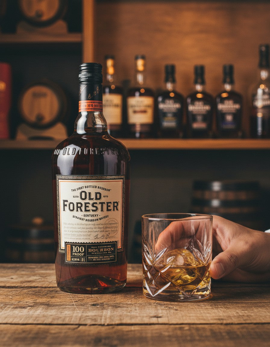 Schwarzbach Spirits Old Forester 100 Proof Bourbon 50% Vol. in Glasflasche und Tumbler mit Eis