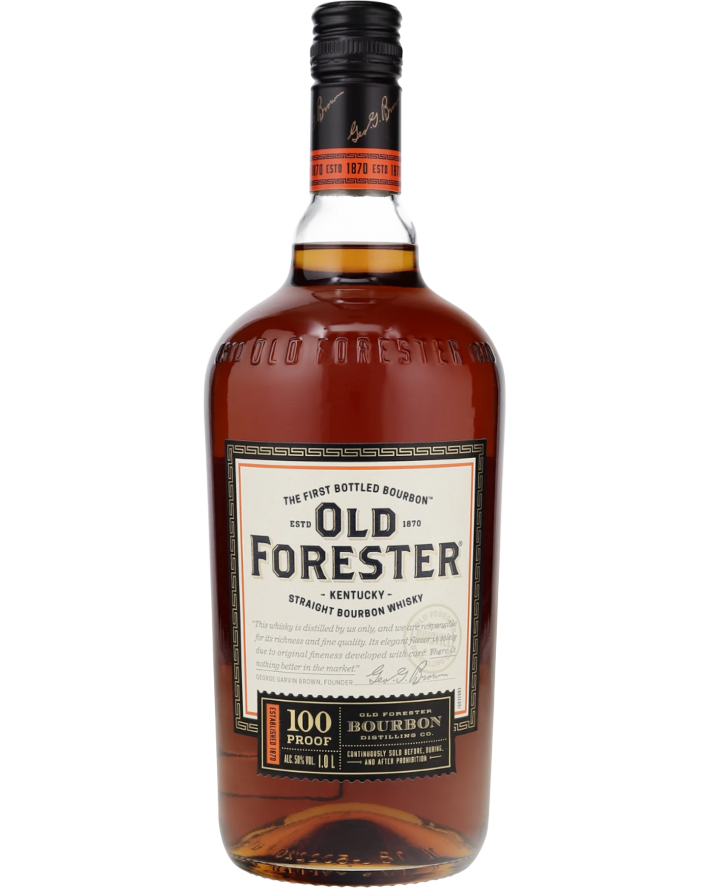 Schwarzbach Spirits Old Forester 100 Proof Bourbon 50% Vol. 1L Flasche mit bernsteinfarbener Flüssigkeit und schwarzem Etikett.