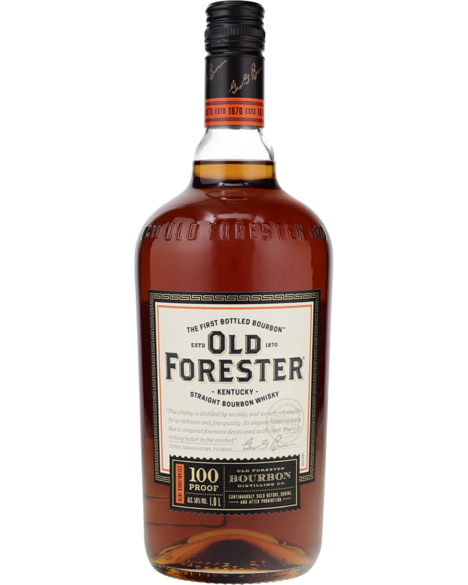 Schwarzbach Spirits Old Forester 100 Proof Bourbon 50% Vol. 1L Flasche mit bernsteinfarbener Flüssigkeit und schwarzem Etikett.