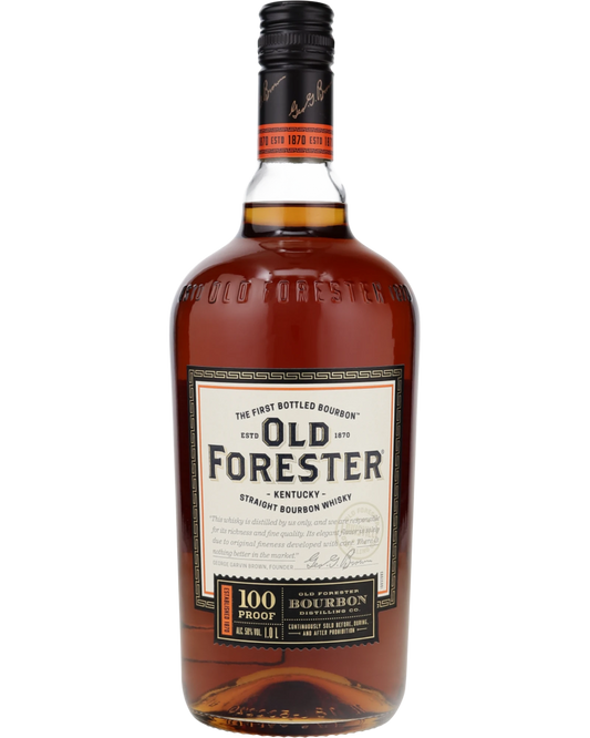 Schwarzbach Spirits Old Forester 100 Proof Bourbon 50% Vol. 1L Flasche mit bernsteinfarbener Flüssigkeit und schwarzem Etikett.