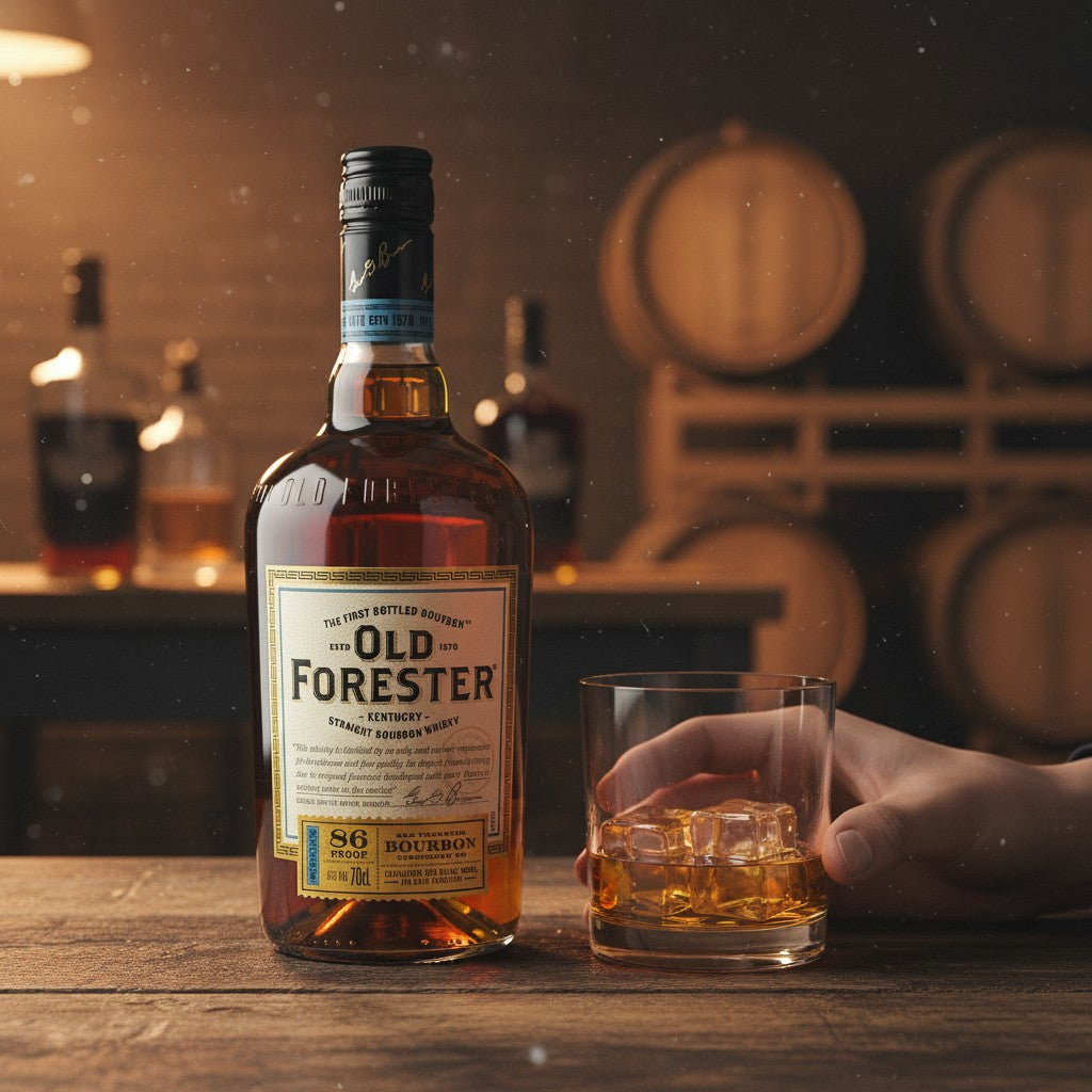 Schwarzbach Spirits Old Forester Kentucky Straight Bourbon 43% Vol. in einer Flasche und einem Glas mit Eiswürfeln auf Holztisch