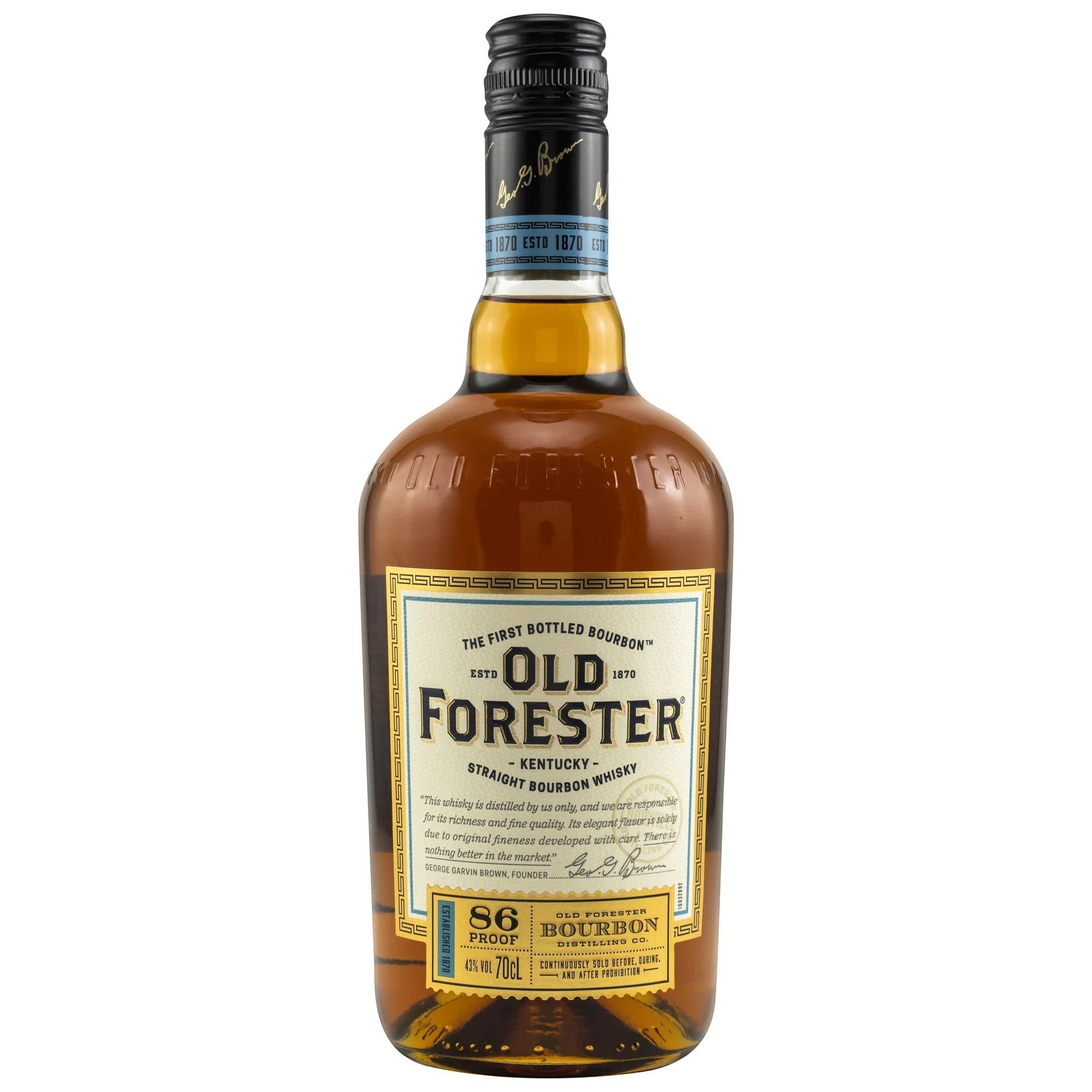 Schwarzbach Spirits: Old Forester Kentucky Straight Bourbon Whisky, 43% Vol., 70cl Flasche mit bernsteinfarbener Flüssigkeit und Etikett.