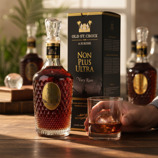 Schwarzbach Spirits Old St. Croix Non Plus Ultra Very Rare rum, 42% Vol., mahogany color, with notes of dried fruit, vanilla, molasses, and oak.