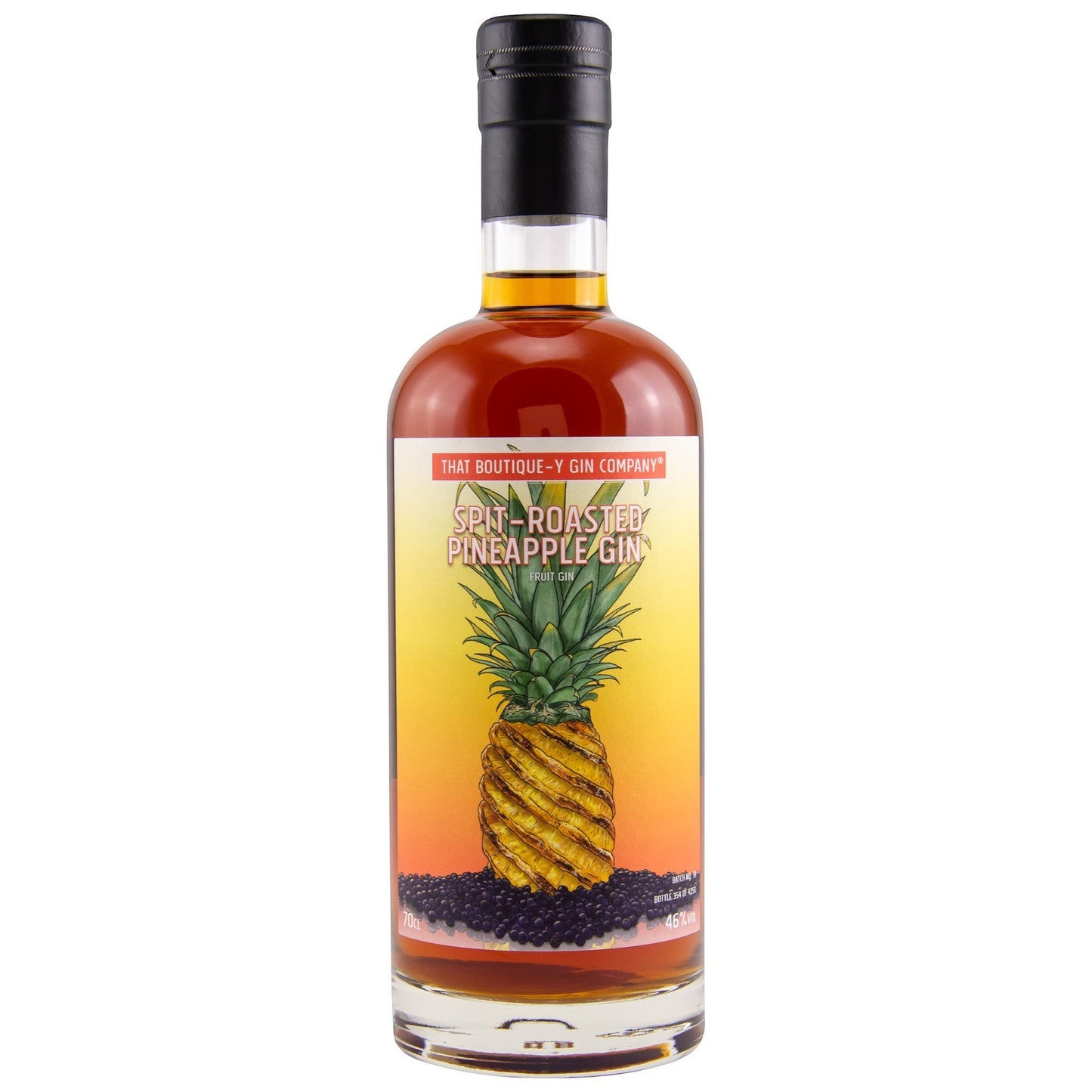 Schwarzbach Spirits: Flasche That Boutique-Y Spit-Roasted Pineapple Gin mit 46% Vol. und 0,7L Inhalt, mit Ananas-Motiv.
