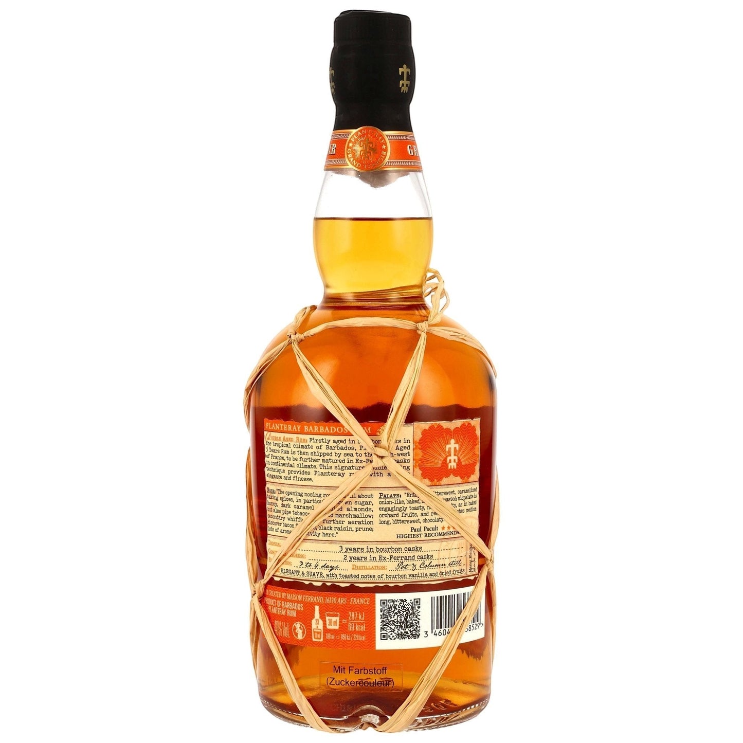 Schwarzbach Spirits Planteray Barbados 5 Jahre Rum, 40% Vol., in einer Glasflasche mit Strohbeschichtung, bernsteinfarben.