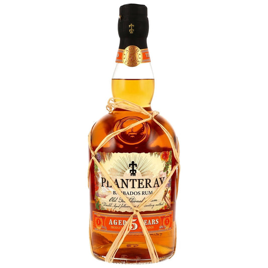 Schwarzbach Spirits Planteray Barbados Rum 5 Jahre, bernsteinfarbener Rum in Glasflasche, mit Strohband und detailliertem Etikett