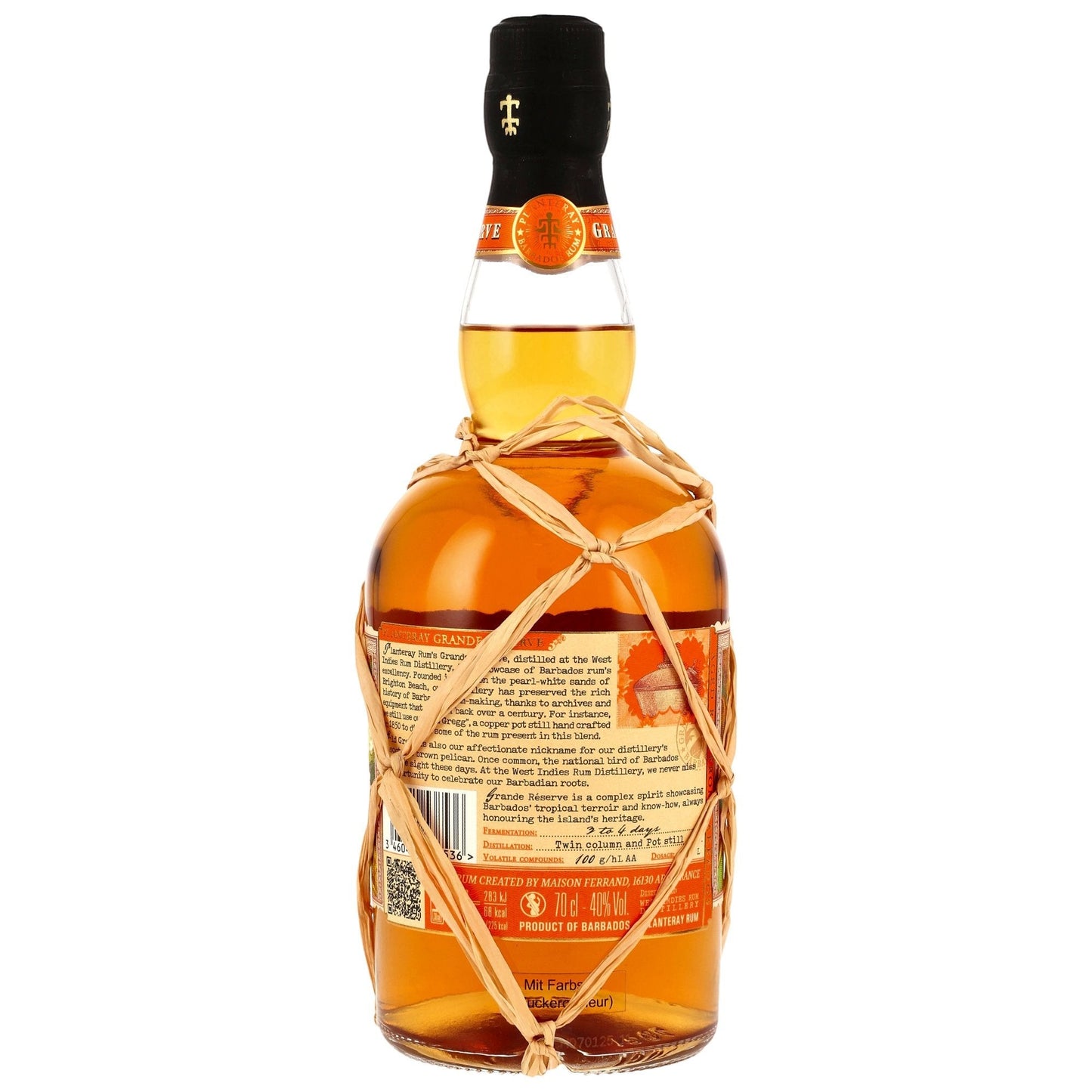 Schwarzbach Spirits Planteray Barbados Grande Réserve Rum, 40% Vol., 70cl. Amber rum with a raffia net around the bottle.