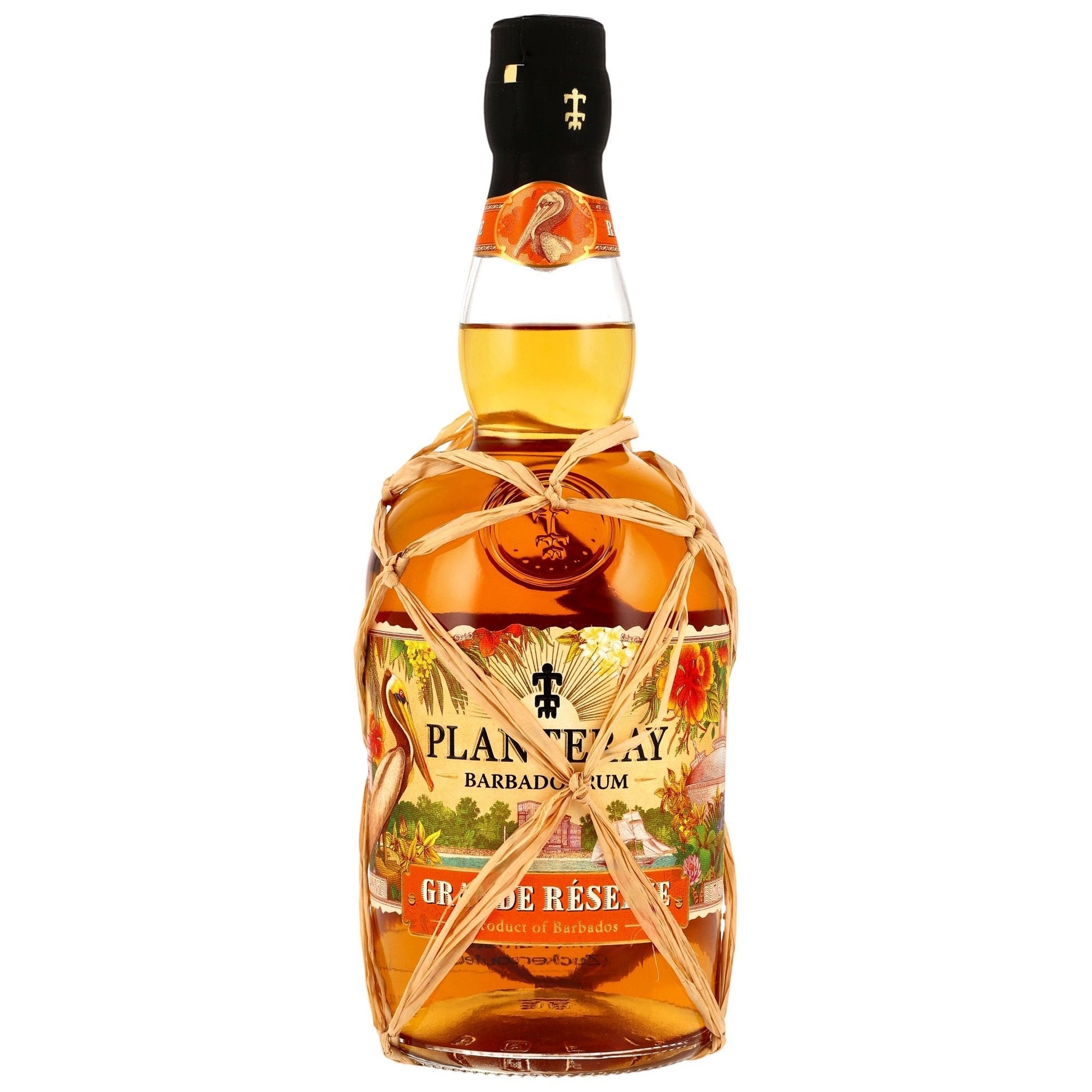 Schwarzbach Spirits Planteray Barbados Grande Réserve Rum, 40% Vol., 0.7L. Amber-coloured rum with tropical motifs and raffia netting.