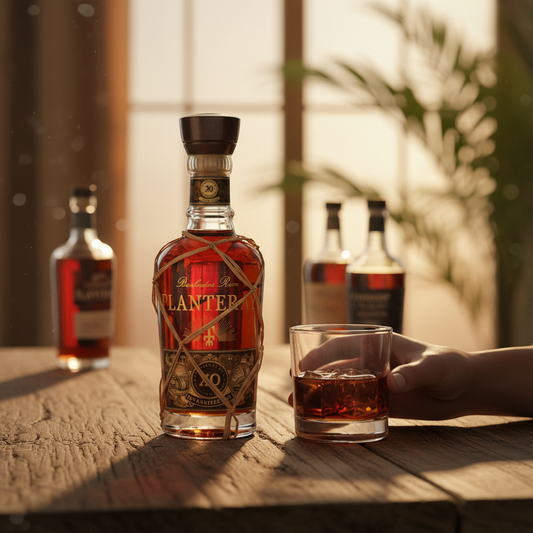 Schwarzbach Spirits Planteray Barbados XO 20th Anniversary Rum, a rich amber spirit with notes of vanilla, caramel, and coconut.