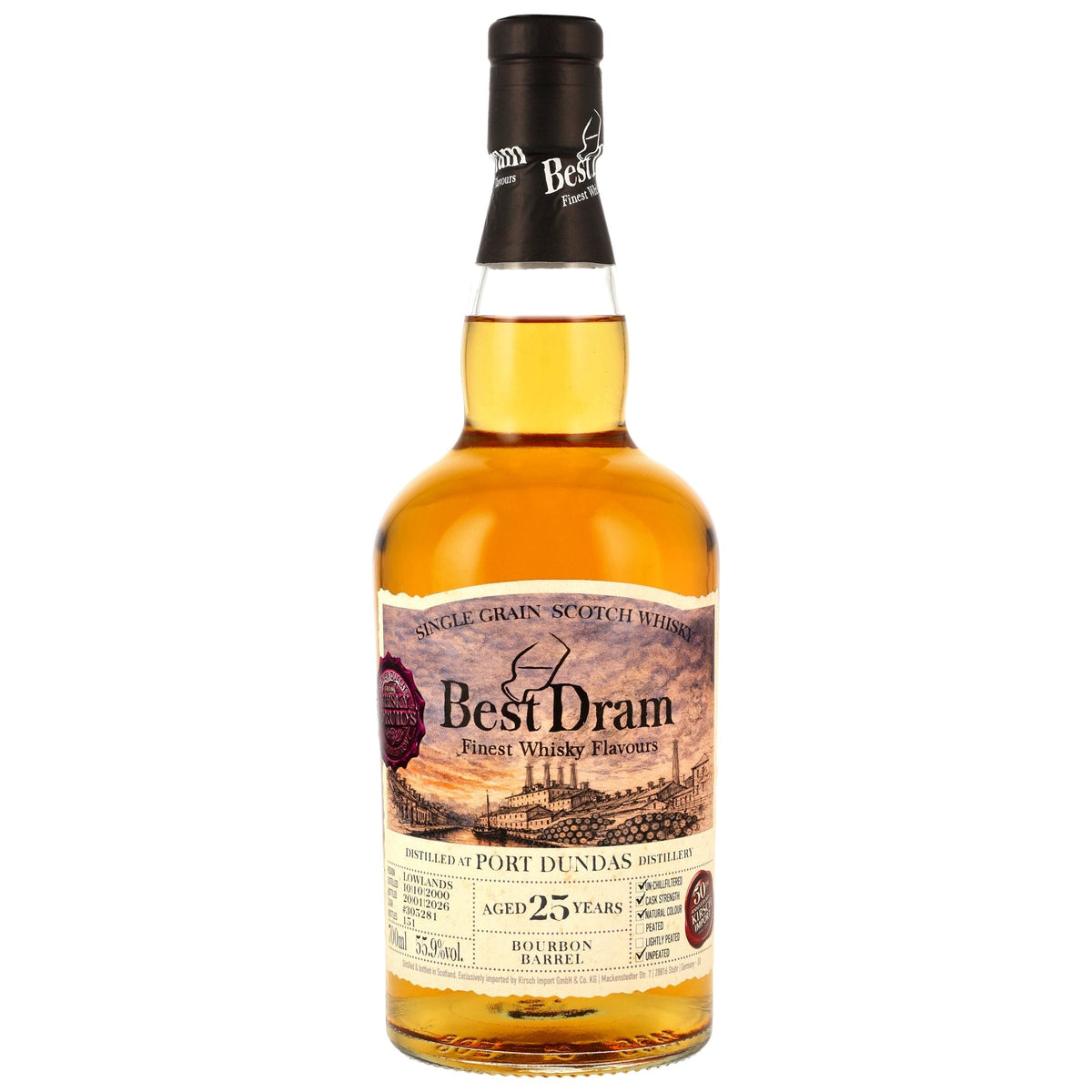 Schwarzbach Spirits Port Dundas 25 Jahre Single Grain Whisky in einer Glasflasche mit beigem Etikett