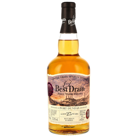 Schwarzbach Spirits Port Dundas 25 Jahre Single Grain Whisky in einer Glasflasche mit beigem Etikett