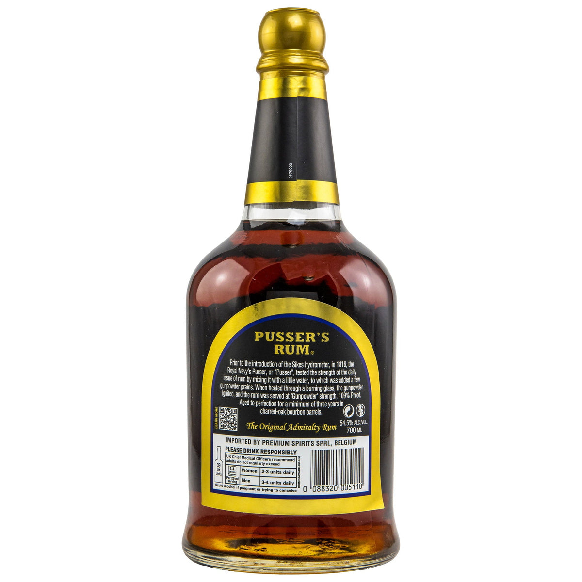 Schwarzbach Spirits Pusser's Gunpowder Proof Black Label Rum Flaschenrückseite mit Etikett und Informationen